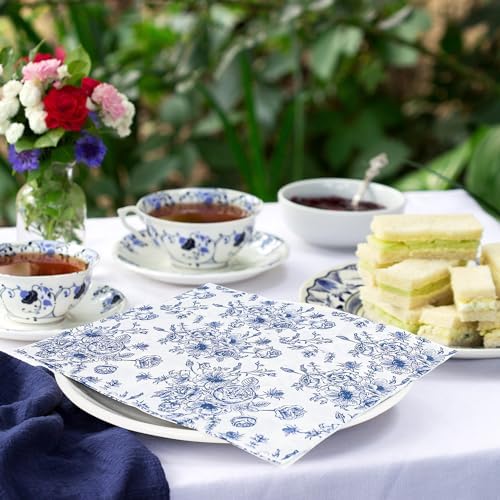 50 Pack Blue Floral Paper Napkins for Parties and Home Use