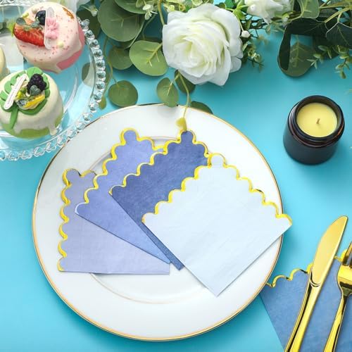 100 Pack Scalloped Blue Cocktail Napkins with Gold Foil