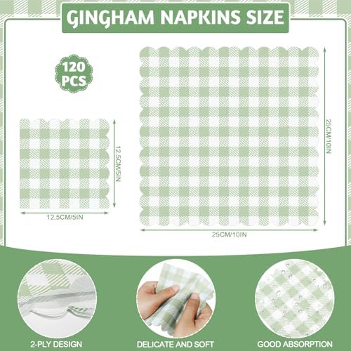 120 Pcs Green Gingham Napkins for Picnic Wedding and Baby Shower
