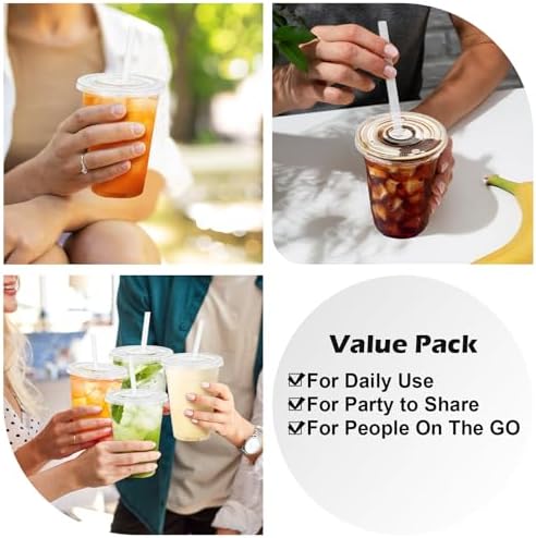 100 Pack 16 oz Clear Plastic Cups with Lids and Straws