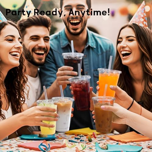 AOZITA 25 Pack 16 oz Plastic Cups with Lids and Straws