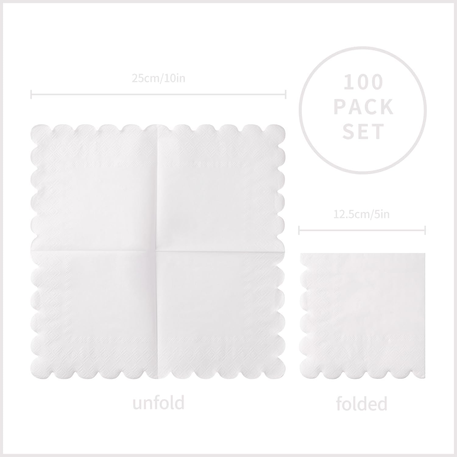 100 Pack 2 Ply Scalloped Edged Cocktail Napkins White