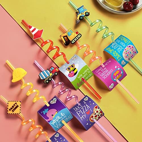 24 Reusable Plastic Straws with Construction Characters for Kids Party Favors