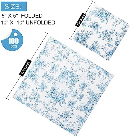 100 Pack Blue Floral Cocktail Napkins for Parties and Events