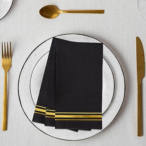 100 Gold Trim Lined Paper Napkins Black Elegant