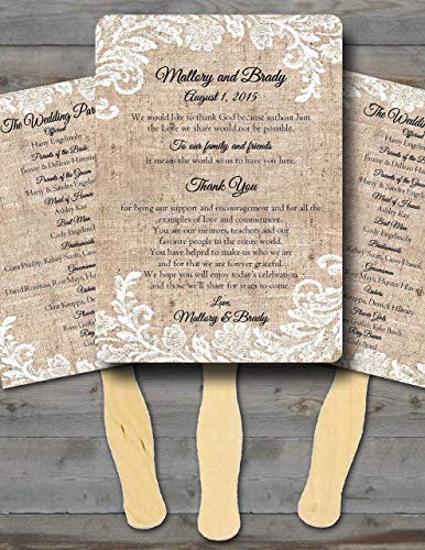 Personalized Wedding Fans Set of 10 Rustic Burlap and Lace