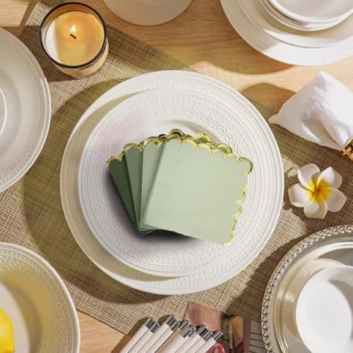 100 Pack Green Cocktail Napkins with Gold Foil Scalloped Edge