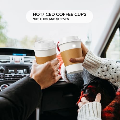 100 Pack 12oz Paper Coffee Cups with Lids and Sleeves