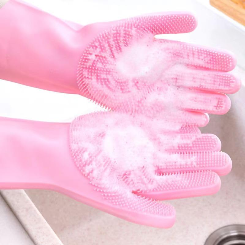 Silicone Dishwashing Scrubber with Reusable Rubber Gloves Heat Resistant Pink