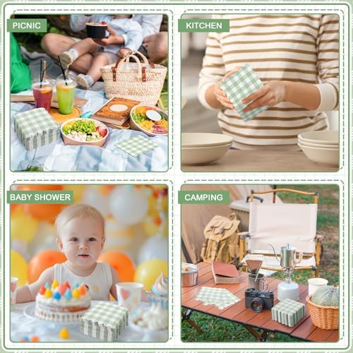 120 Pcs Green Gingham Napkins for Picnic Wedding and Baby Shower