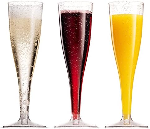 100 Plastic Champagne Flutes 5 Oz Disposable Silver Glitter Glasses for Parties
