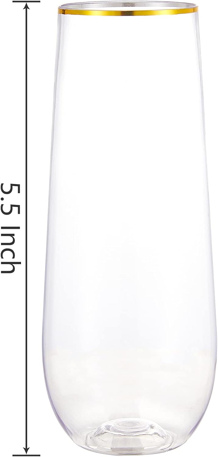 N9R 24PCS Plastic Champagne Flutes 9 Oz Stemless Gold Rim Toasting Glasses