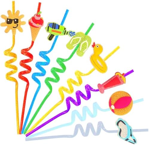 24 Glitter Drinking Straws with Beach Pattern and Brush
