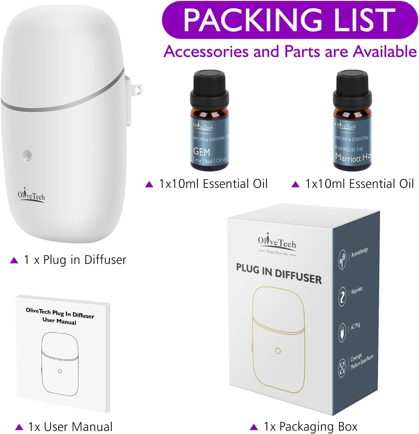 OliveTech Waterless Plug In Diffuser with 2x10ml Essential Oils