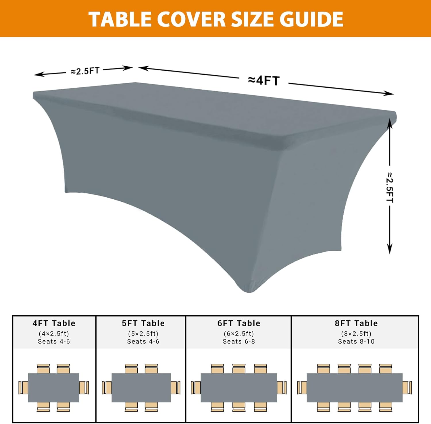 Eurmax Rectangular Stretch Table Cover for 4ft Table 2 Pack Silver Gray
