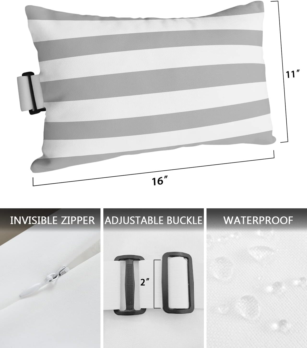 Grey Striped Waterproof Outdoor Pillows with Insert