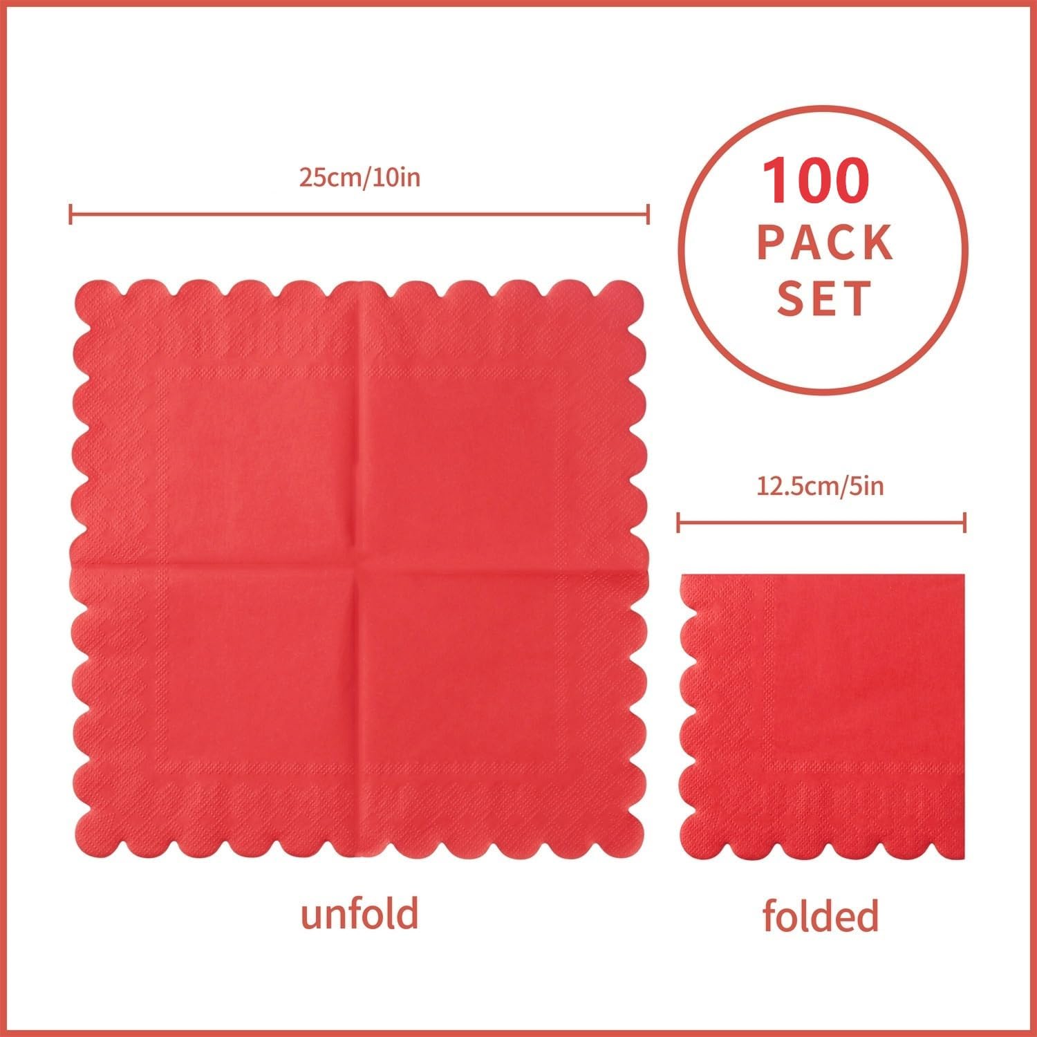 100 Pack 2-Ply Scalloped Edged Napkins Red