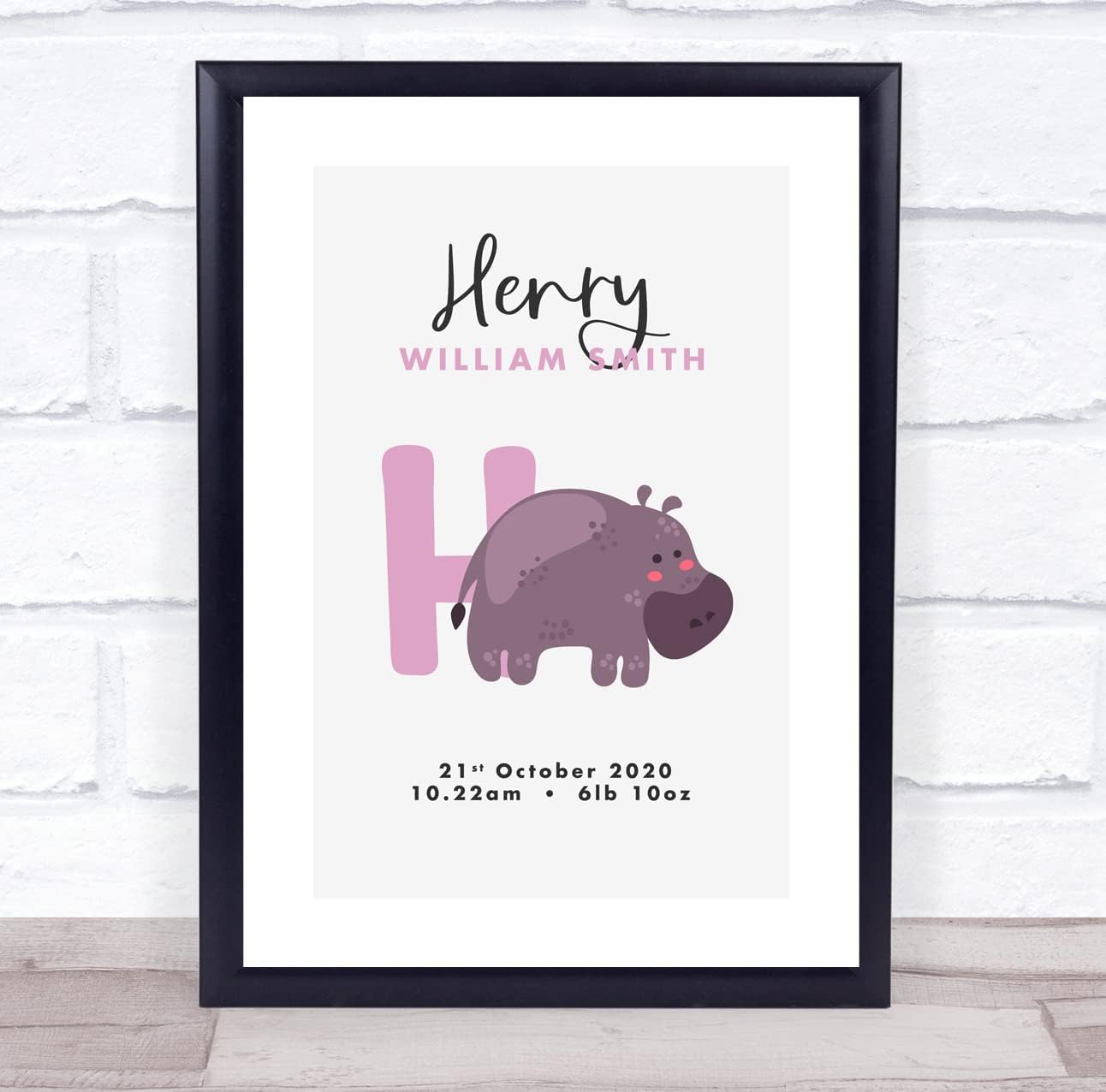 New Baby Birth Details Christening Nursery Initial H Hippo Print