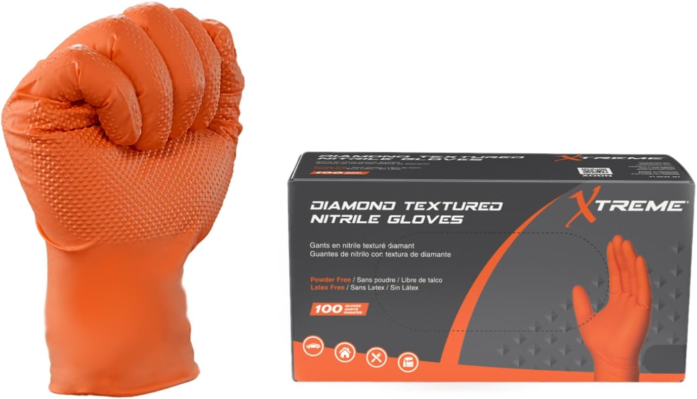 Xtreme Orange Nitrile Gloves Diamond Texture Powder Free Industrial Grade