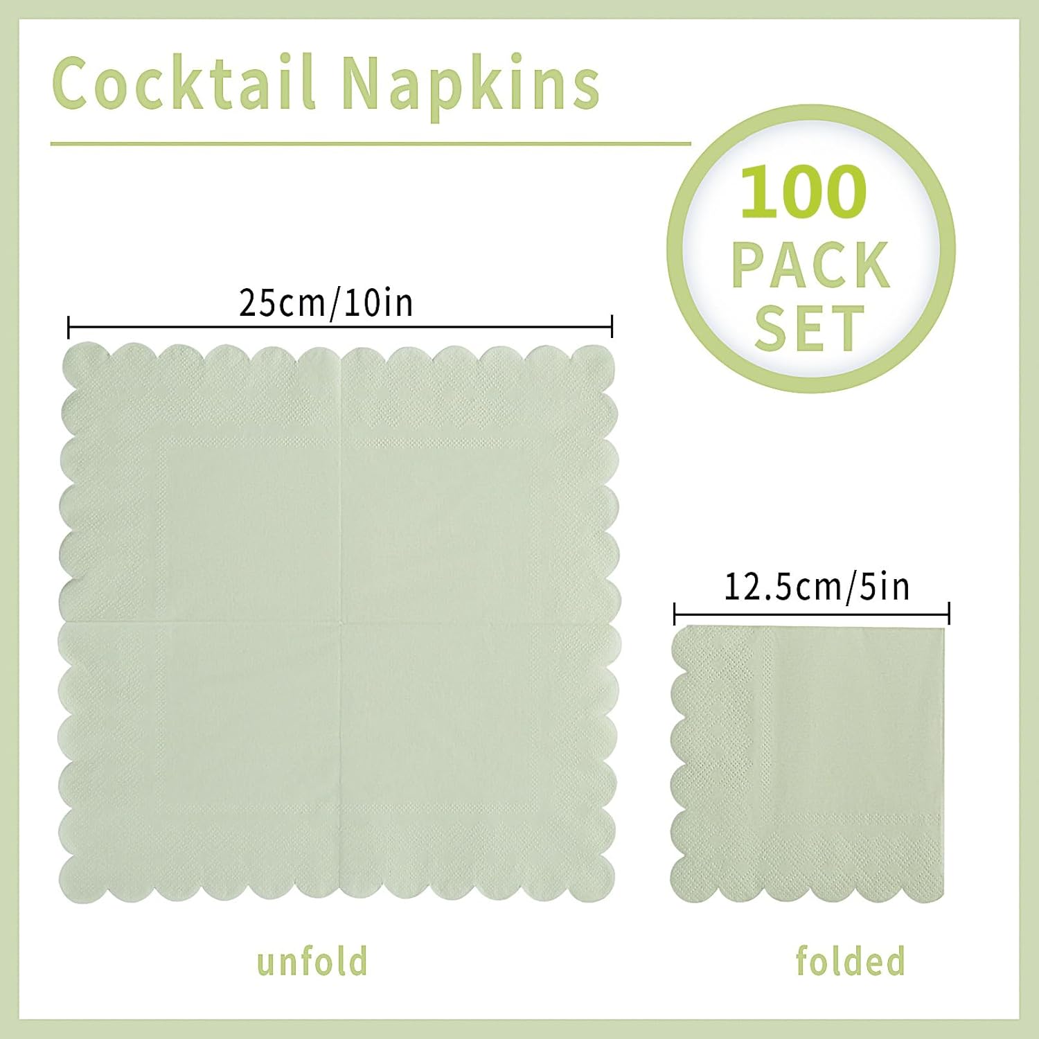 100 Pack Scalloped Edged Cocktail Napkins Sage Green