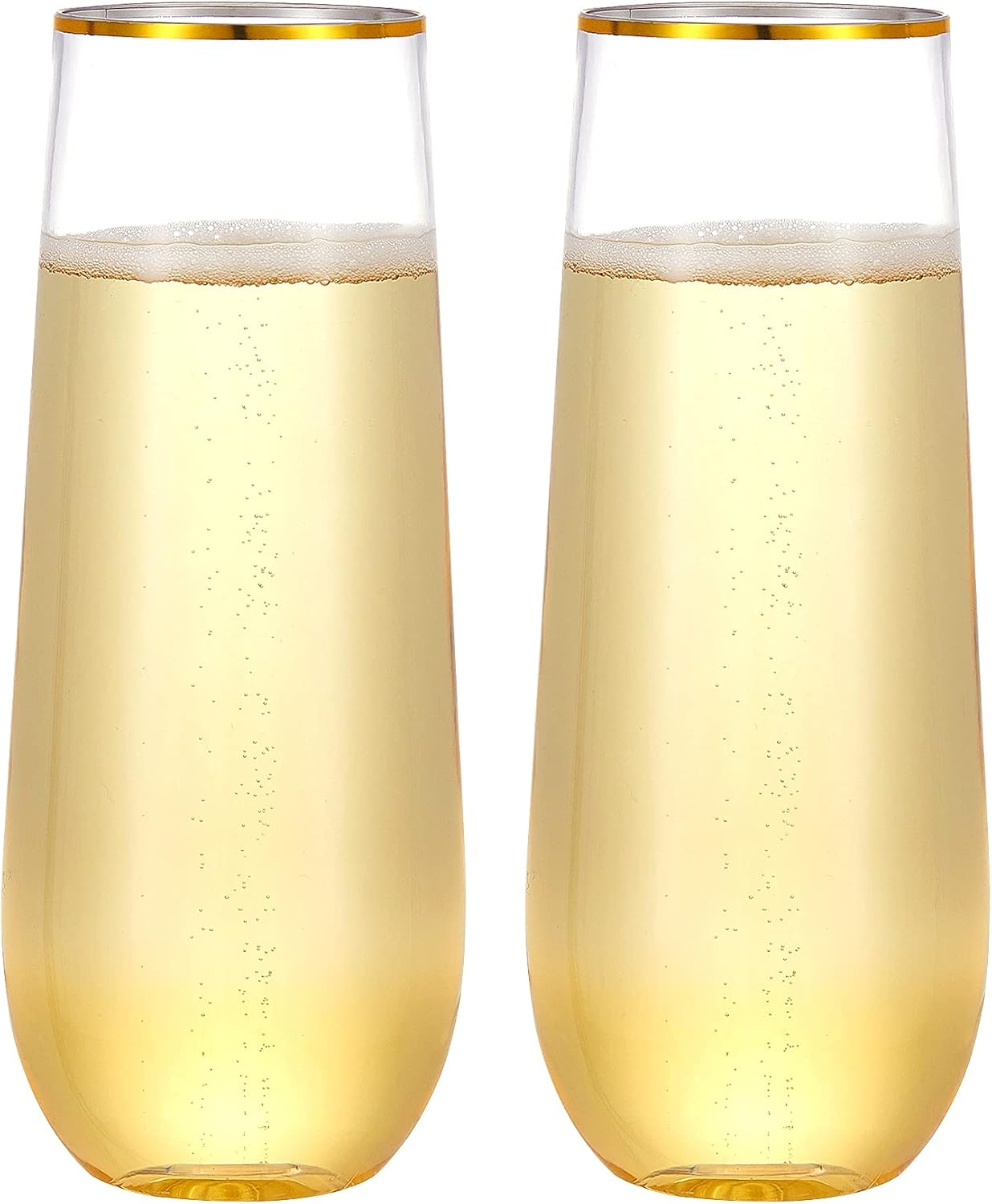 N9R 24PCS Plastic Champagne Flutes 9 Oz Stemless Gold Rim Toasting Glasses