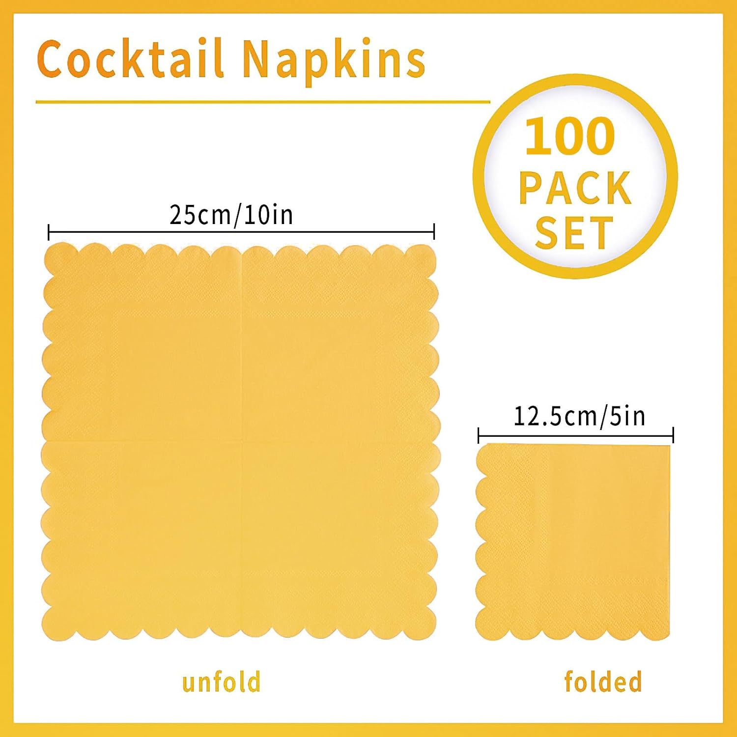 100 Pack 2 Ply Scalloped Edged Cocktail Napkins Yellow