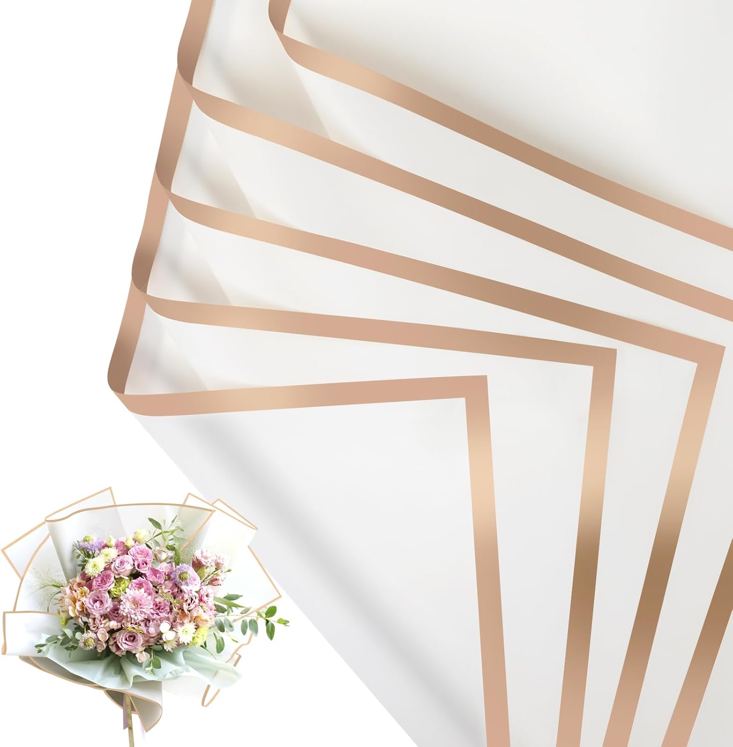 20 Sheet Waterproof Flower Wrap Paper - White Gold Edge