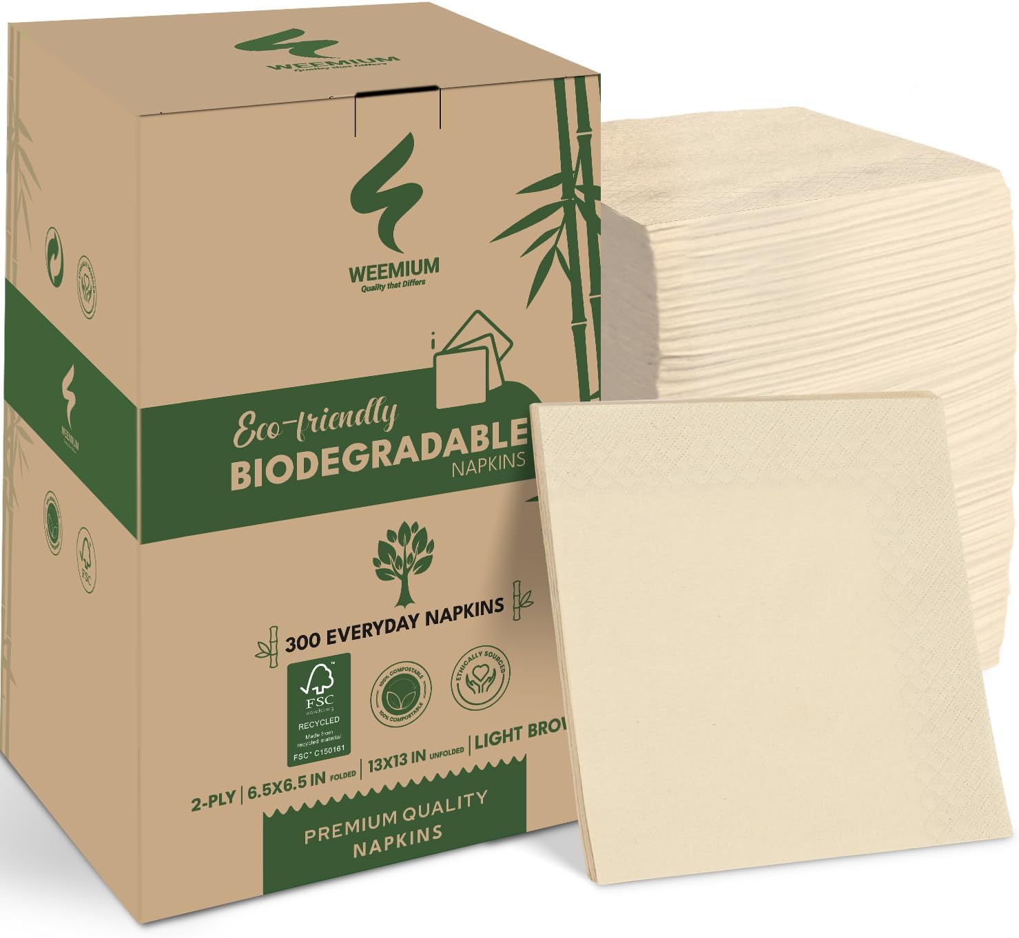 300 Pack 2-Ply Compostable Napkins - Eco-Friendly Biodegradable Recycled