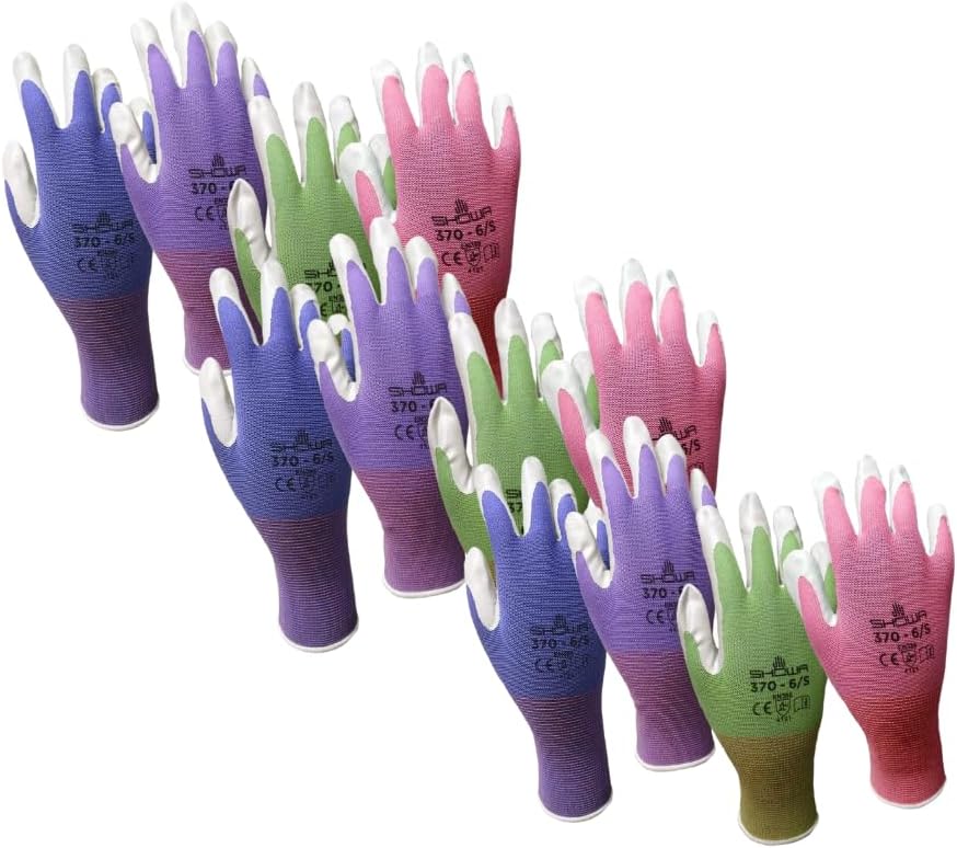 12 Pack Showa Atlas NT370 Nitrile Garden Gloves - Sizes XS S and Large Assorted Colors