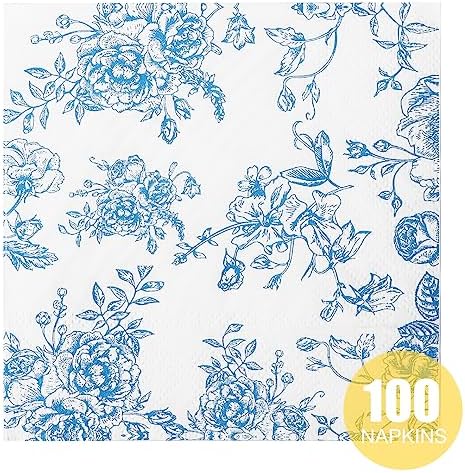 100 Pack Blue Floral Cocktail Napkins for Parties and Events