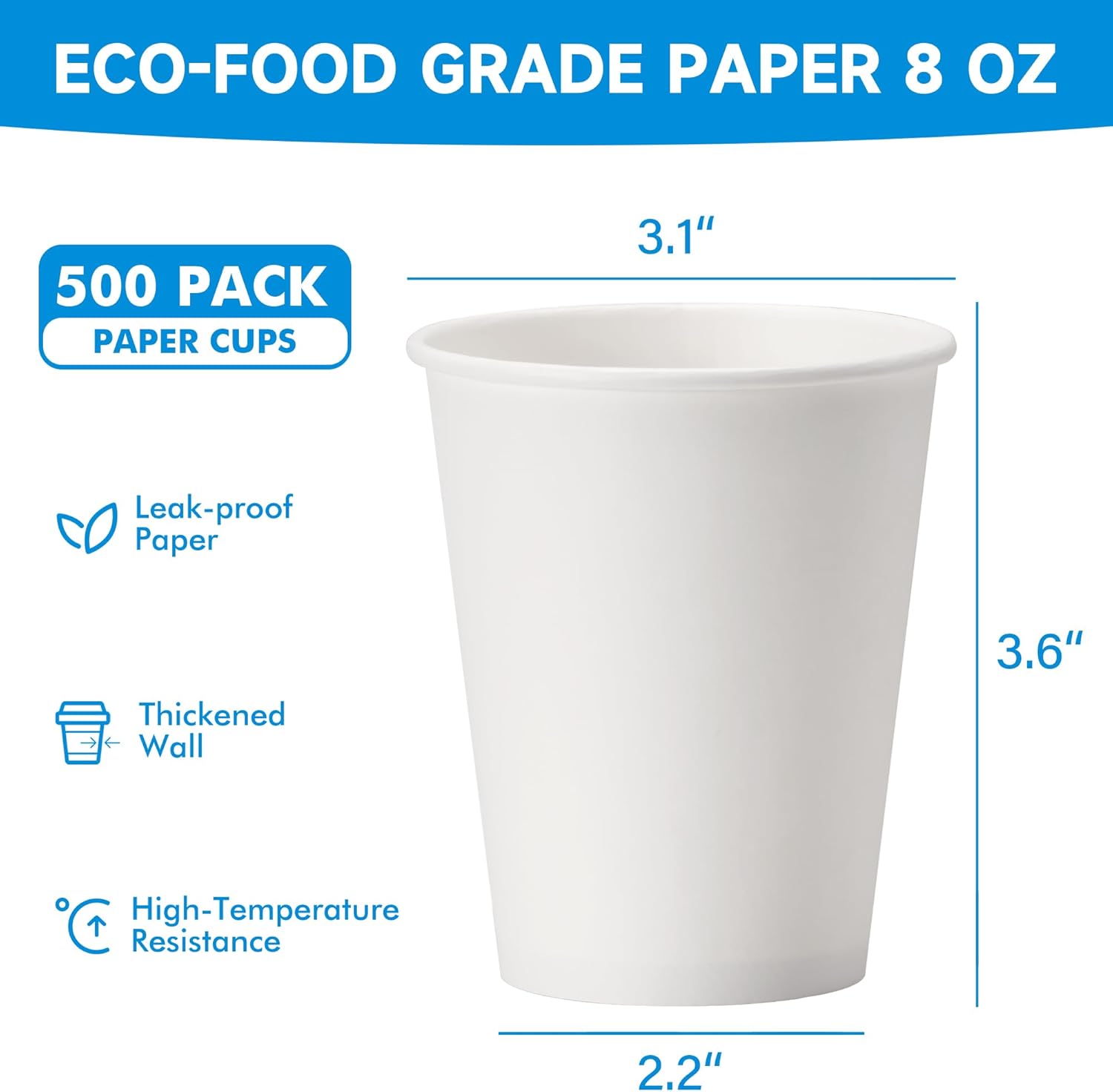 RACETOP 8 Oz 500 Pack Disposable Paper Coffee Cups