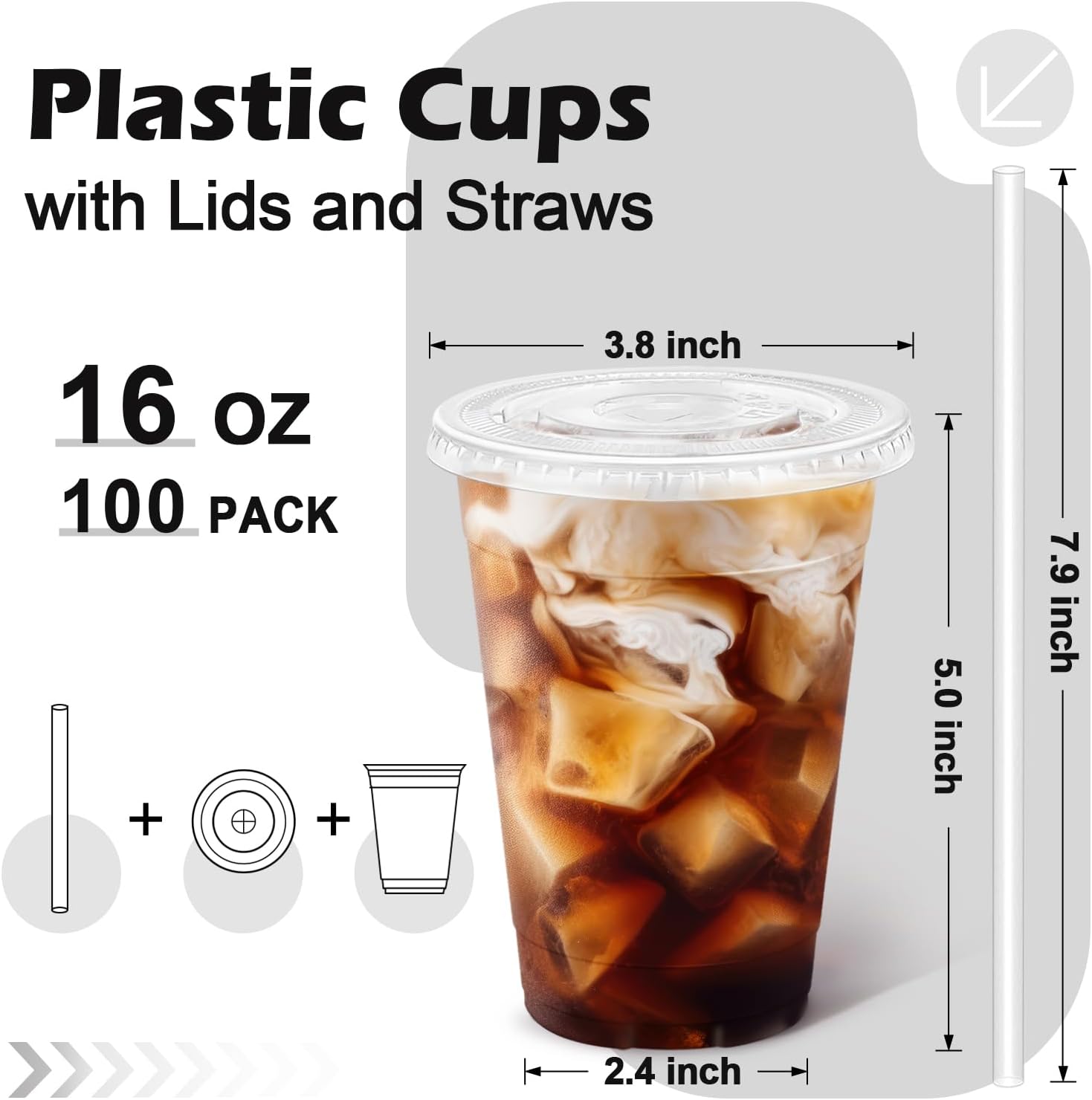 100 Pack 16 oz Clear Plastic Cups with Lids and Straws