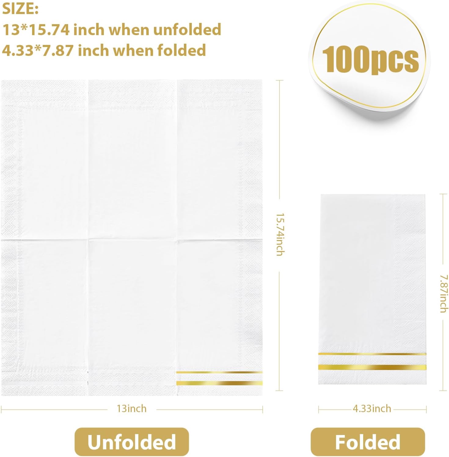 Tamone 100PCS 3-Ply Gold Napkins - Elegant White and Gold Disposable Dinner Napkins
