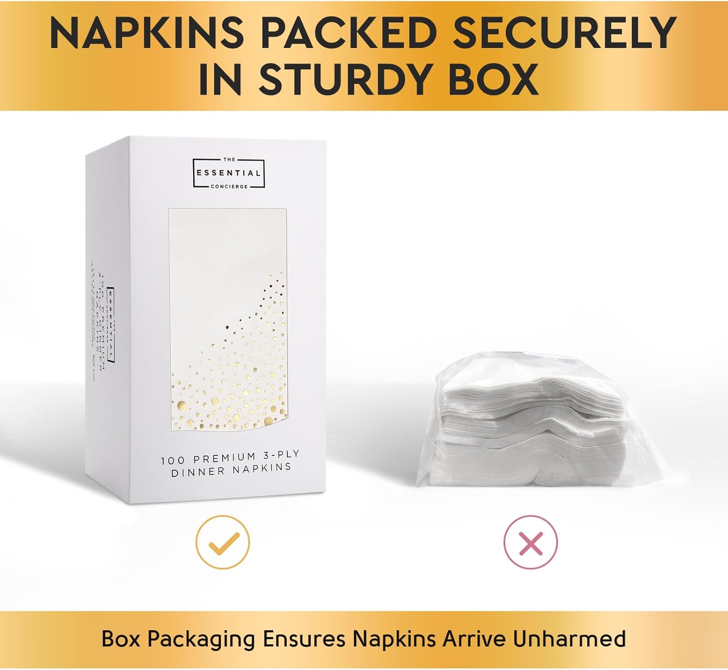 100 Pack Gold White Disposable Napkins 75x425 Inch 3-Ply