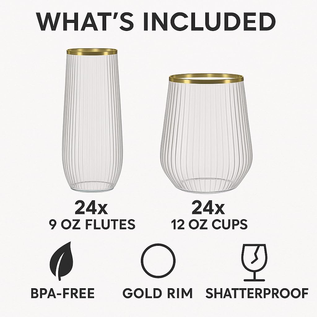 48 Pack Gold Rim Shatterproof Plastic Glasses