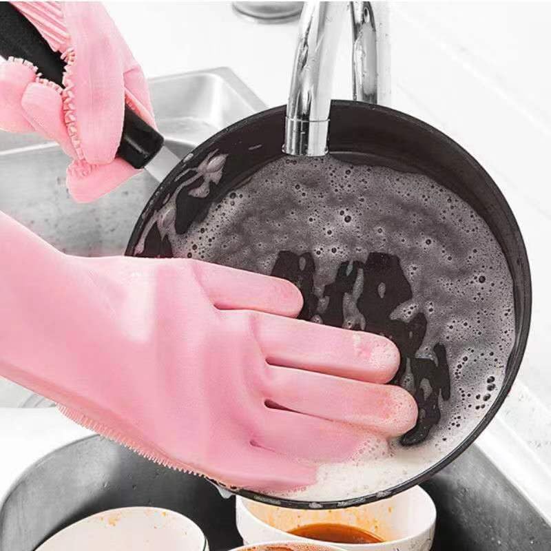 Silicone Dishwashing Scrubber with Reusable Rubber Gloves Heat Resistant Pink
