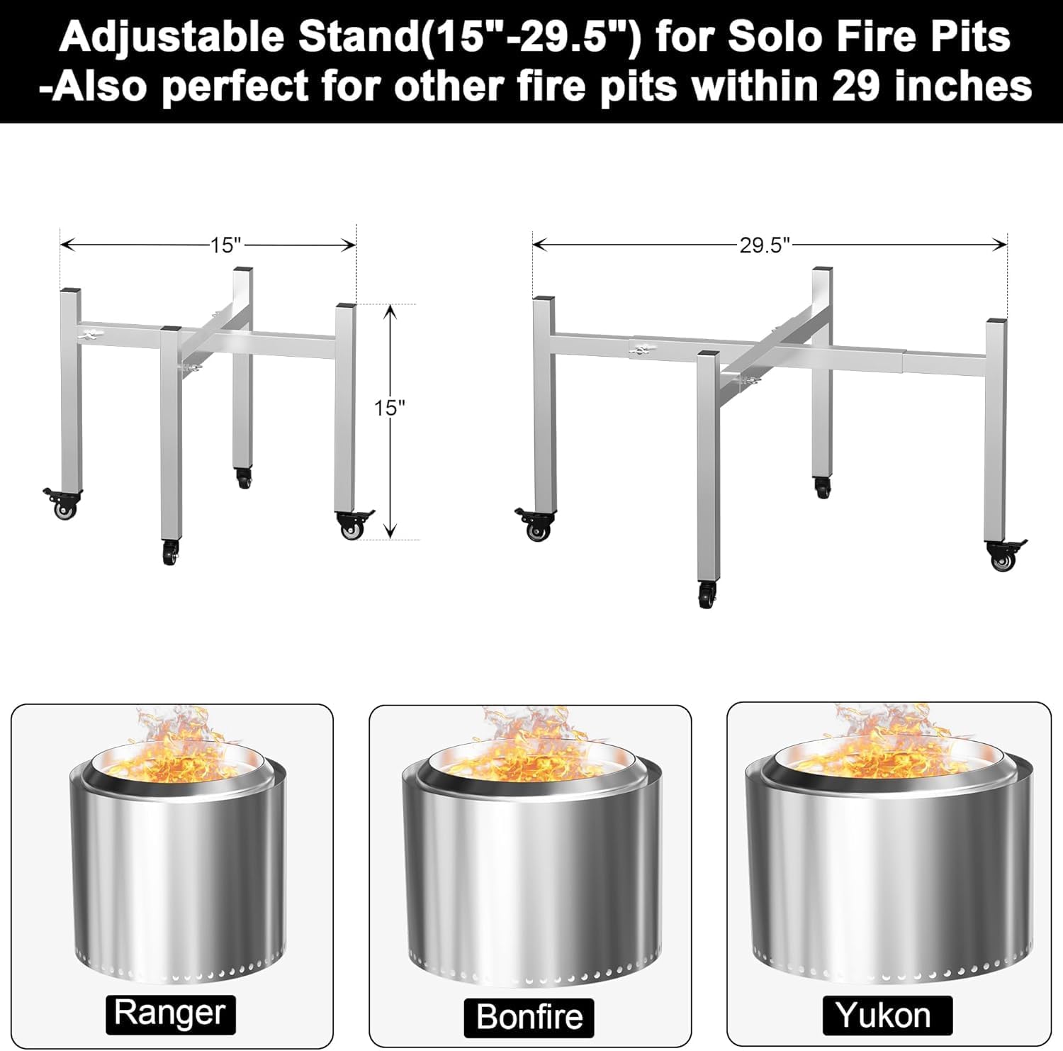 BBQ-PLUS Universal Fire Pit Stand 15-27 Inch with Wheels