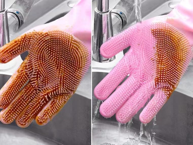 Silicone Dishwashing Scrubber with Reusable Rubber Gloves Heat Resistant Pink