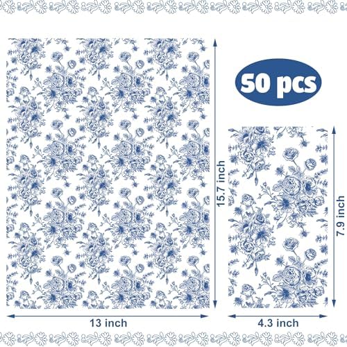 50 Pack Blue Floral Paper Napkins for Parties and Home Use