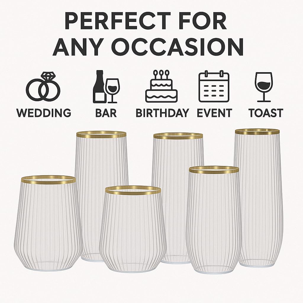 48 Pack Gold Rim Shatterproof Plastic Glasses