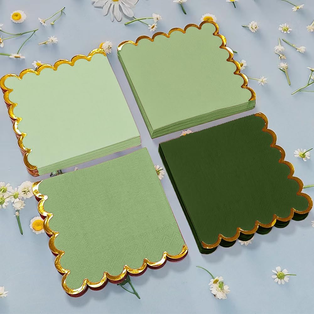 100 Pack Green Cocktail Napkins with Gold Foil Scalloped Edge