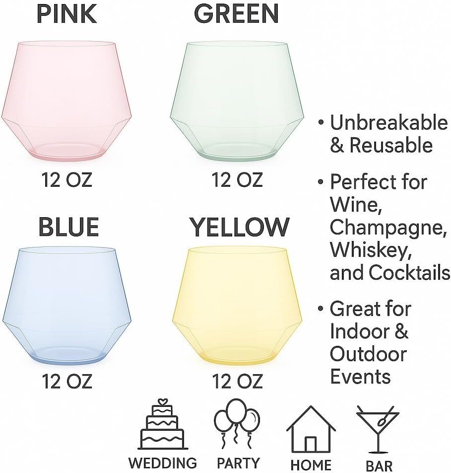40 Diamond-Shaped Plastic Stemless Glasses 12 Ounce