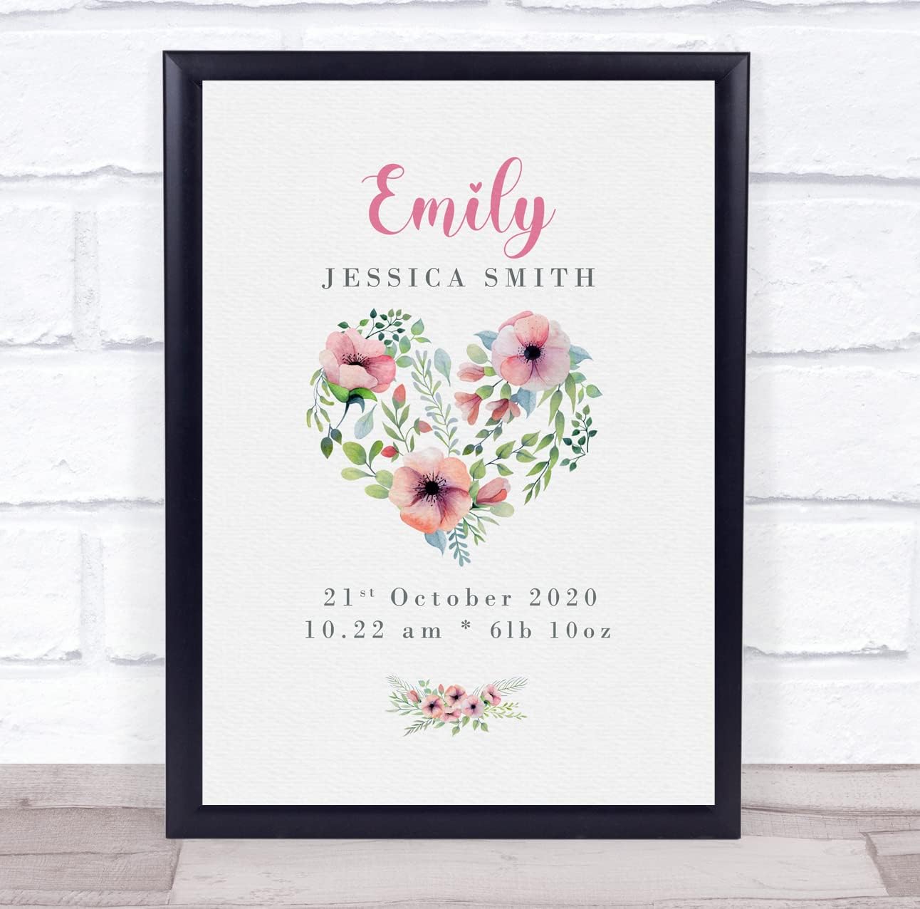 New Baby Birth Details Christening Nursery Floral Heart Keepsake Print