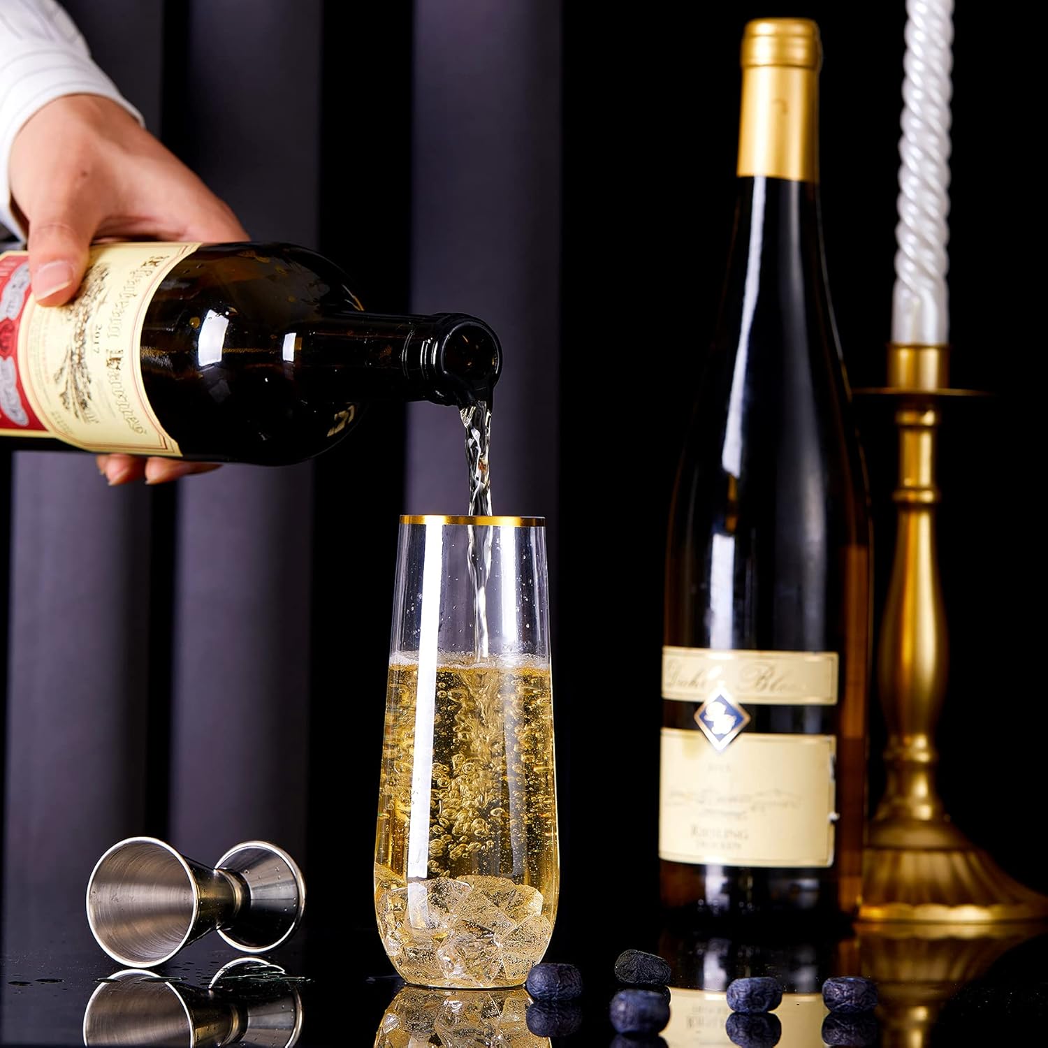 N9R 24PCS Plastic Champagne Flutes 9 Oz Stemless Gold Rim Toasting Glasses