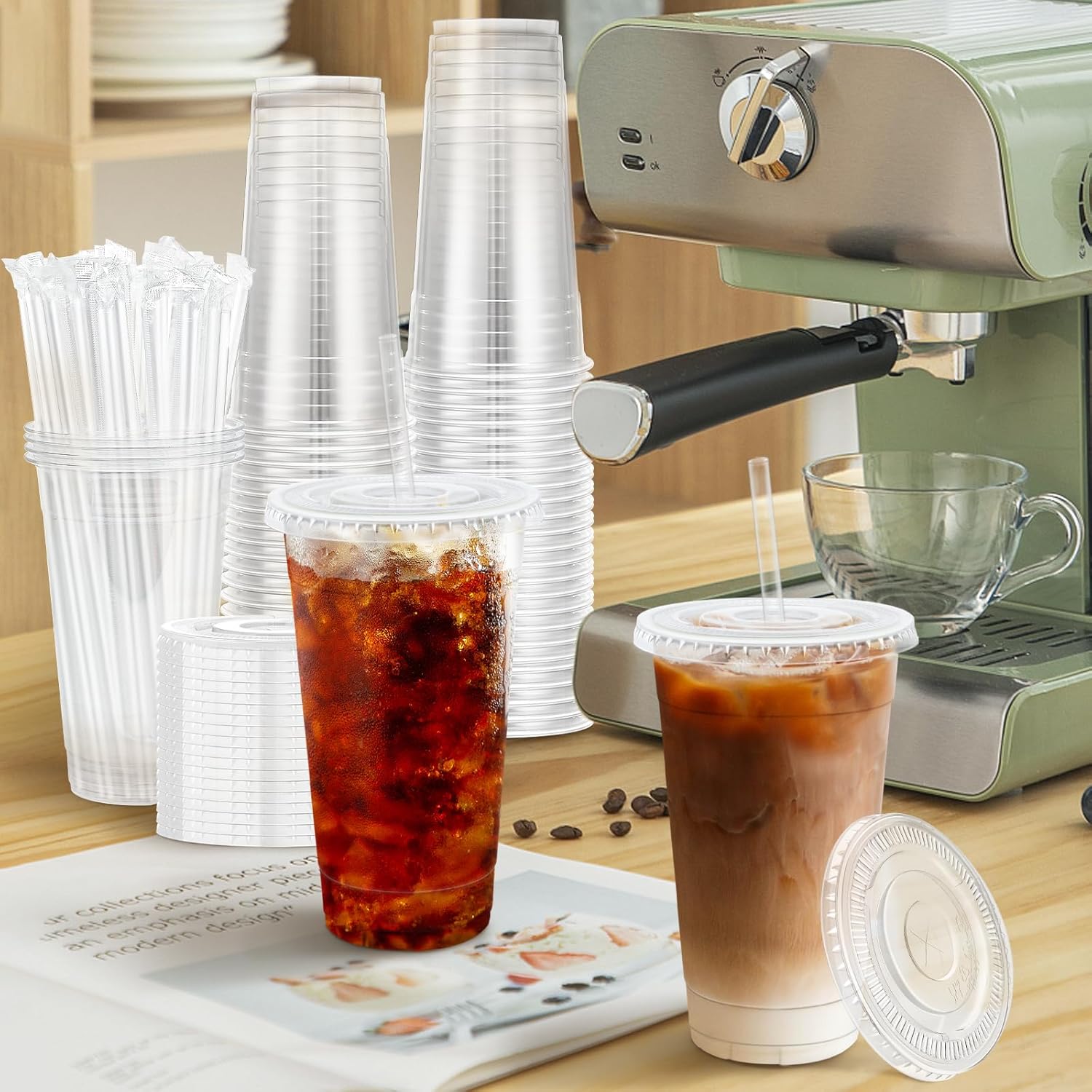 Lamosi 100 Pack 20 OZ Clear Plastic Cups with Lids and Straws