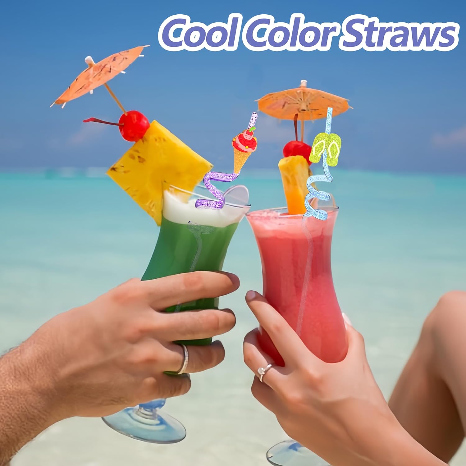 24 Glitter Drinking Straws with Beach Pattern and Brush