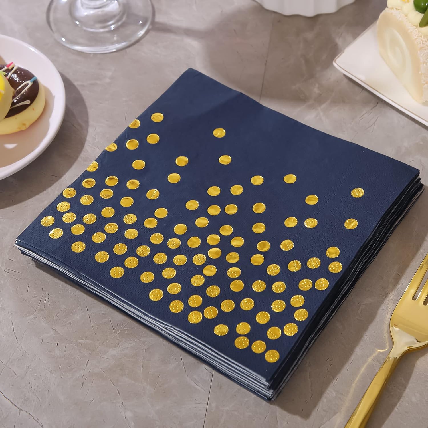 100PCS Blue Party Napkins with Gold Dots for Events