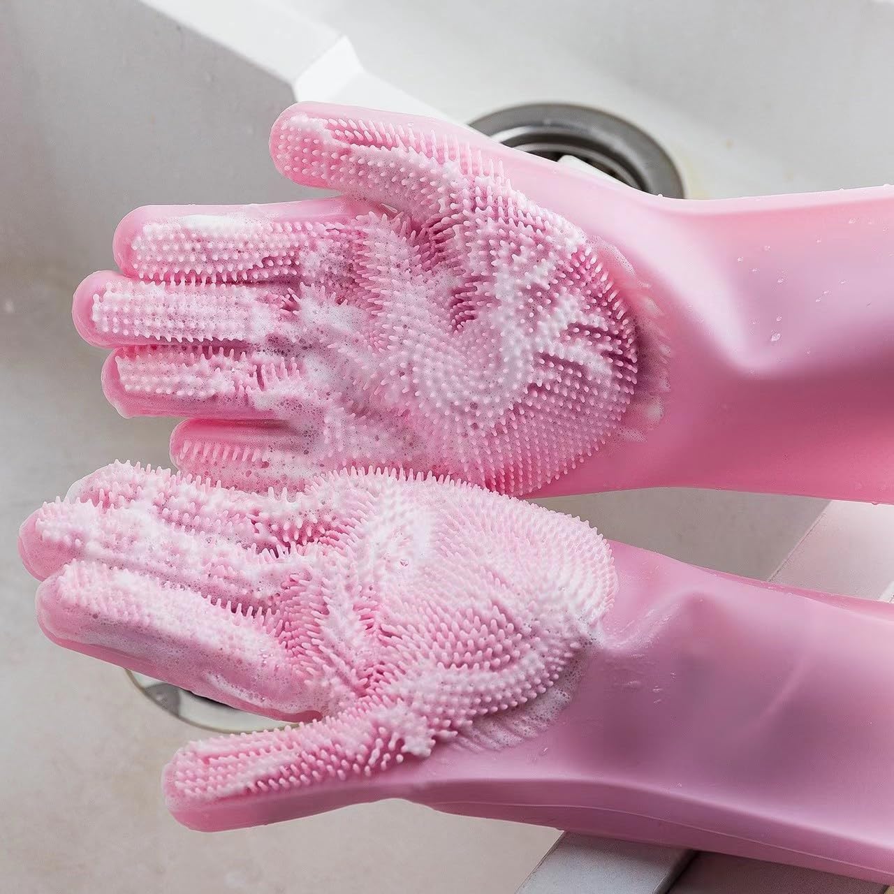 Silicone Dishwashing Scrubber with Reusable Rubber Gloves Heat Resistant Pink