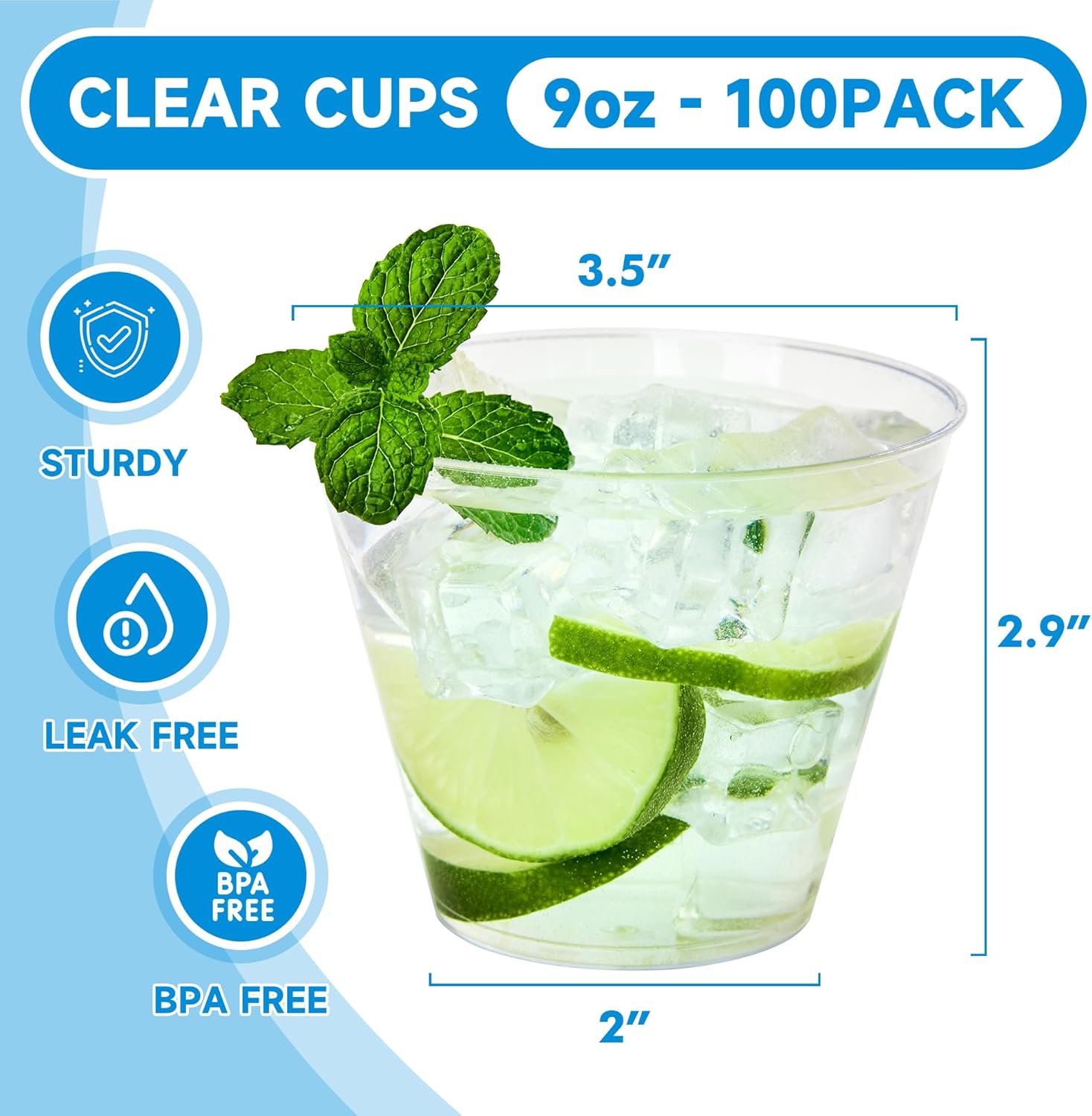 RACETOP 9 Oz Clear Plastic Cups 100 Pack