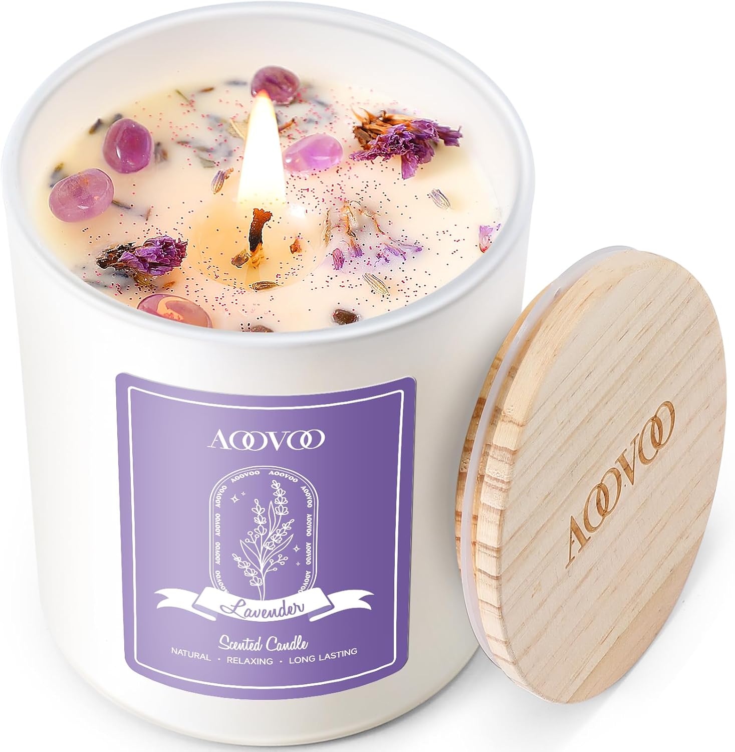 AOOVOO Lavender Scented Candles with Crystals 10oz Soy Candles for Women